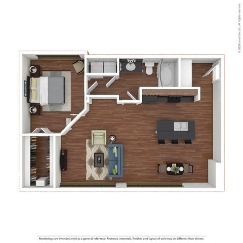 Floor plan for 1 bed, 1 bath, 876 sqft